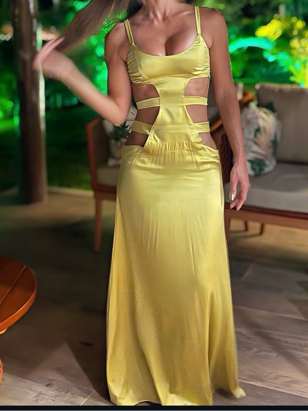 Silk SKIMS Sand Washed Silk Strappy Cut-Out Slip Dress, in the gold Topaz color.